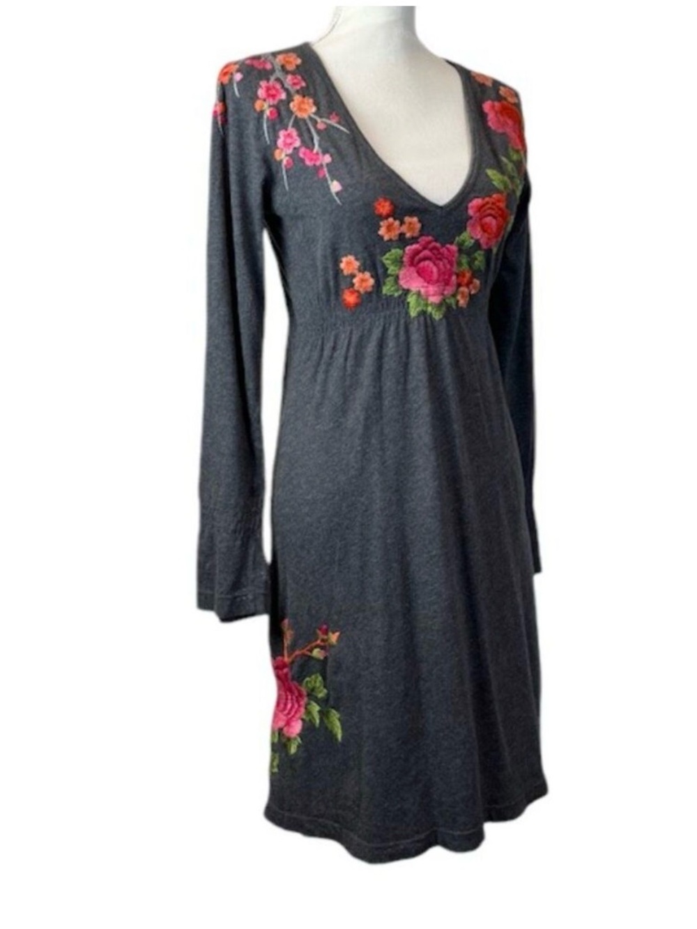 Johnny Was Charcoal Long Sleeve Dress with Pink & Orange Floral Embroidery